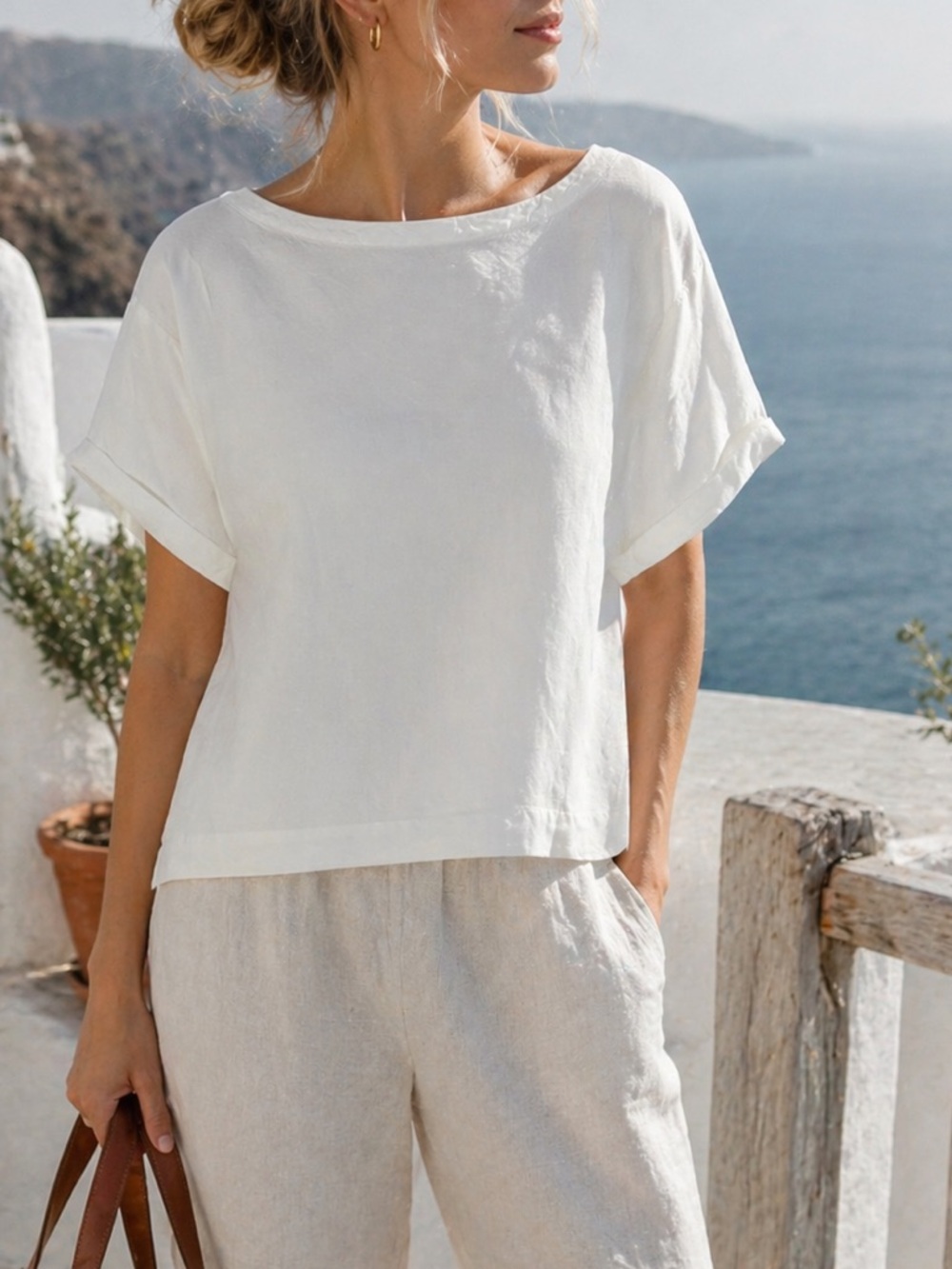 a new day White Short Sleeve Boatneck Linen Top